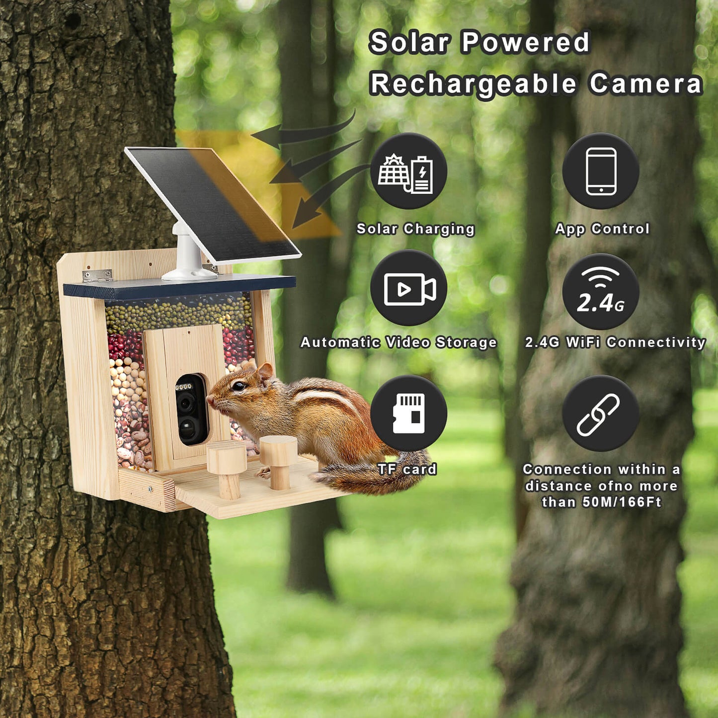 Smart Squirrel Feeder With Solar-powered Camera, 1.5l Wooden Nut Bar & Picnic Table, Hd Live View, App Control, 2.4g Wifi