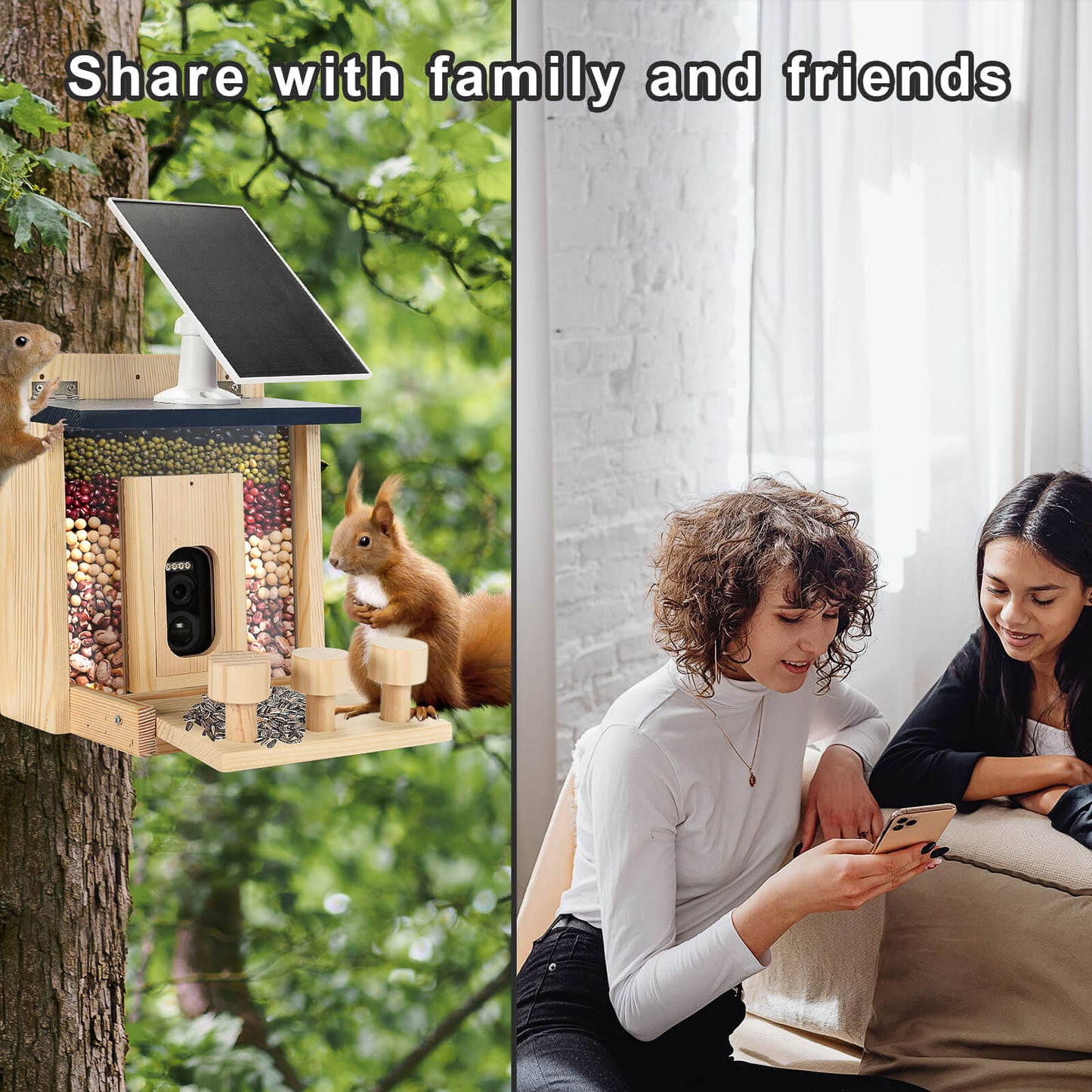 Smart Squirrel Feeder With Solar-powered Camera, 1.5l Wooden Nut Bar & Picnic Table, Hd Live View, App Control, 2.4g Wifi