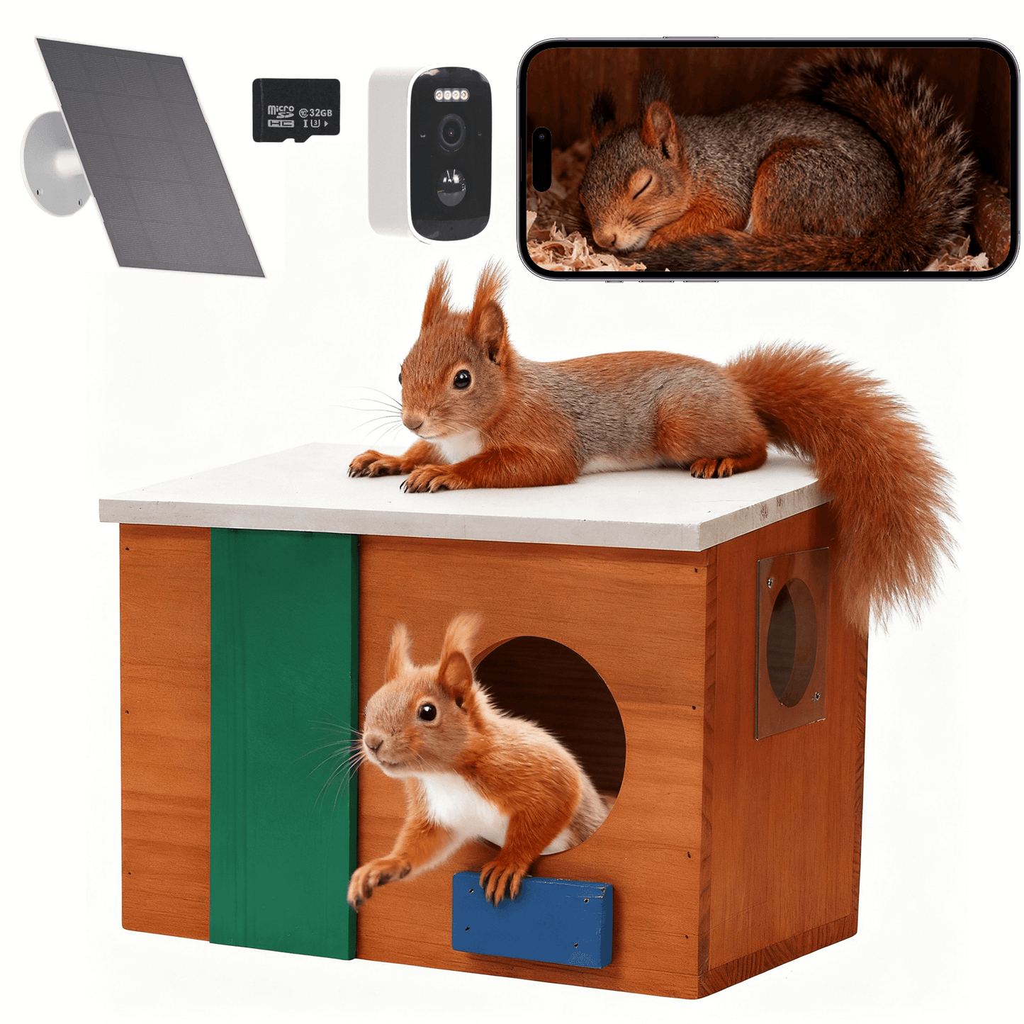 Smart wooden squirrel house with 1080p camera, solar panel and 32GB memory card
