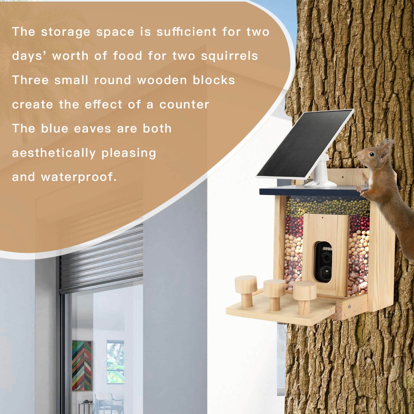 Smart Squirrel Feeder With Solar-powered Camera, 1.5l Wooden Nut Bar & Picnic Table, Hd Live View, App Control, 2.4g Wifi