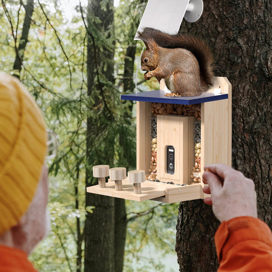 Smart Squirrel Feeder With Solar-powered Camera, 1.5l Wooden Nut Bar & Picnic Table, Hd Live View, App Control, 2.4g Wifi