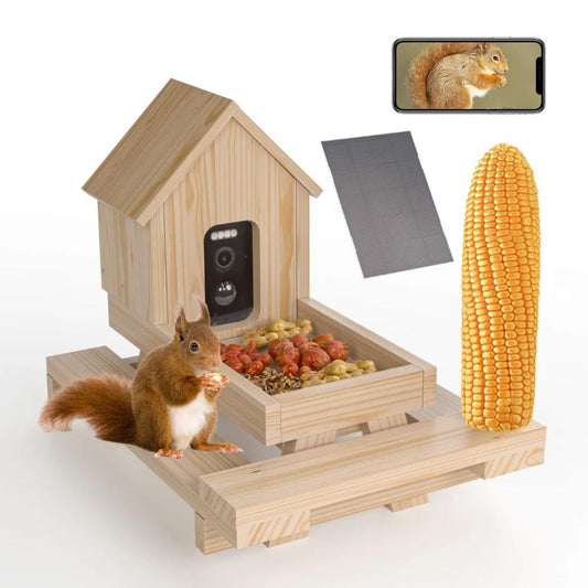 Wooden Squirrel Feeder With Camera, Outdoor Picnic Table Feeders For Squirrels, 1 Corn Cob Holder, Hd Live Video, Real-time View, Instant Notifications, Solar Powered