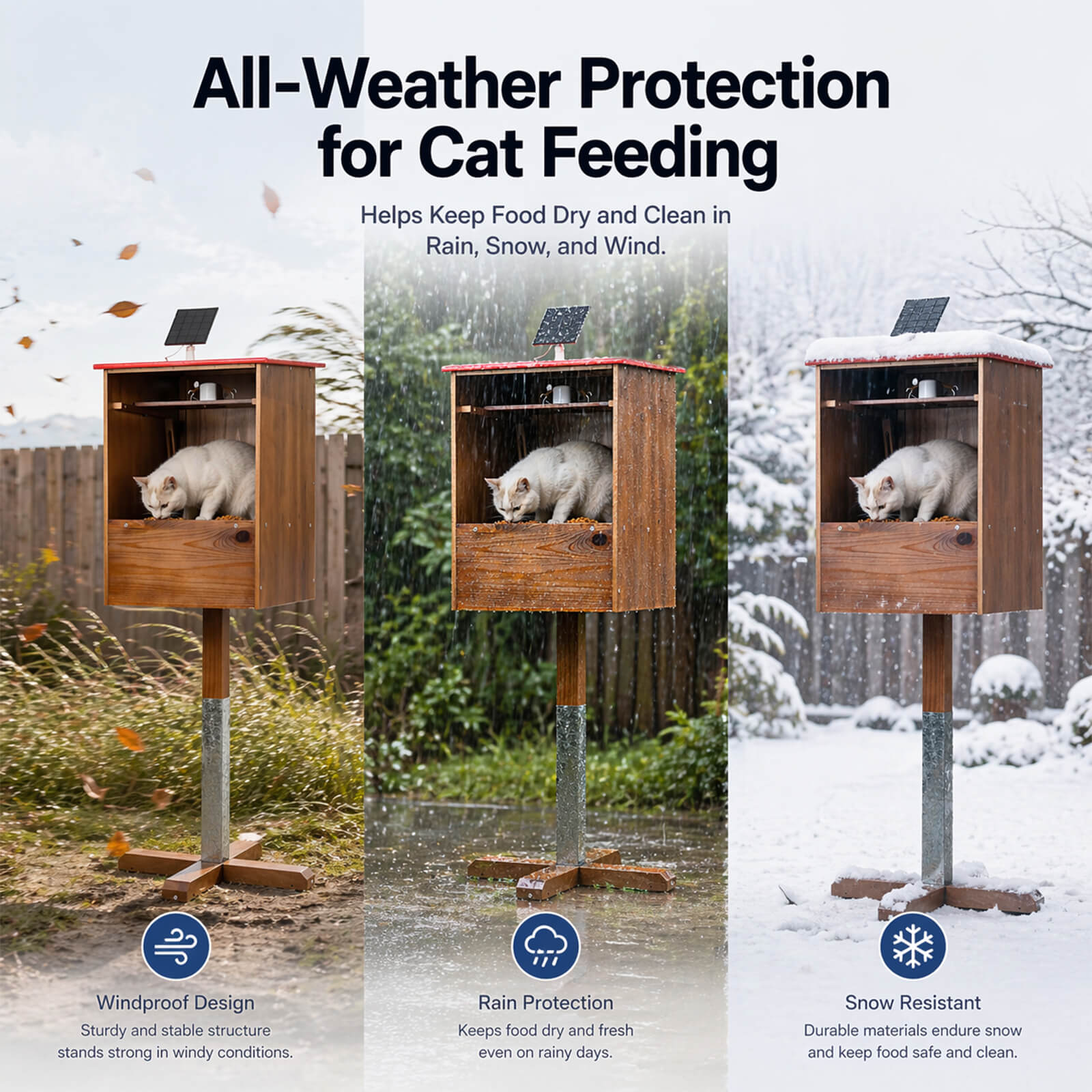All-weather cat food protection in wind, rain and snow