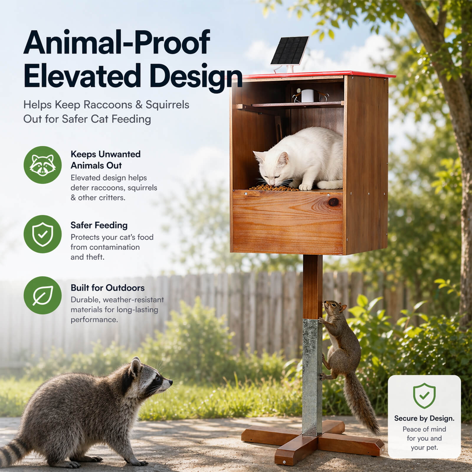 Elevated animal-resistant outdoor cat feeding design