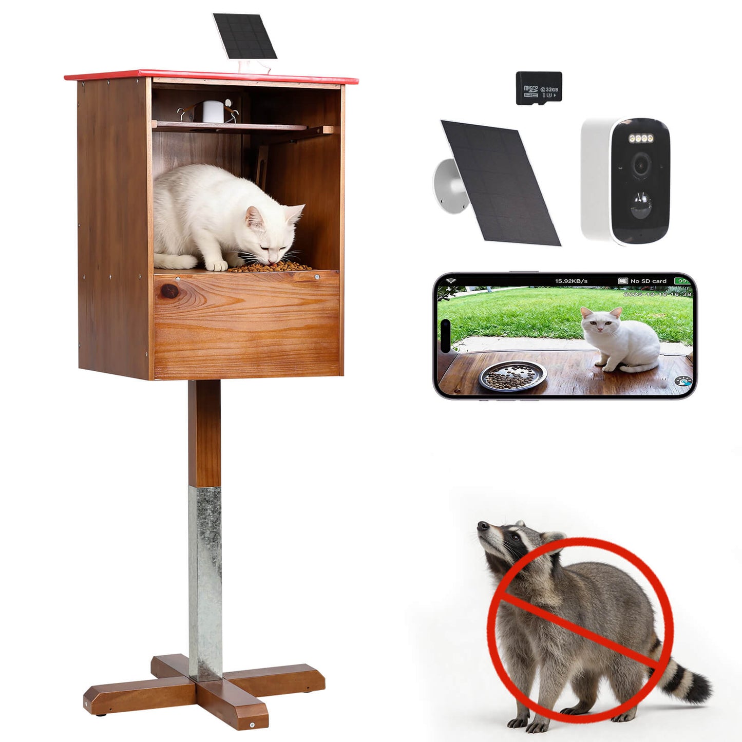 Outdoor cat feeding station with camera, solar panel and elevated stand
