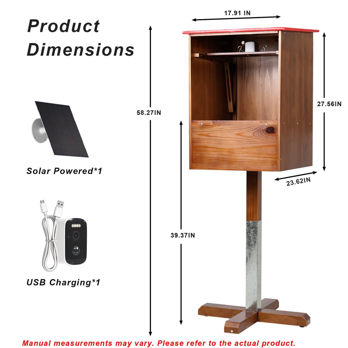 Outdoor cat feeding station dimensions and included solar panel