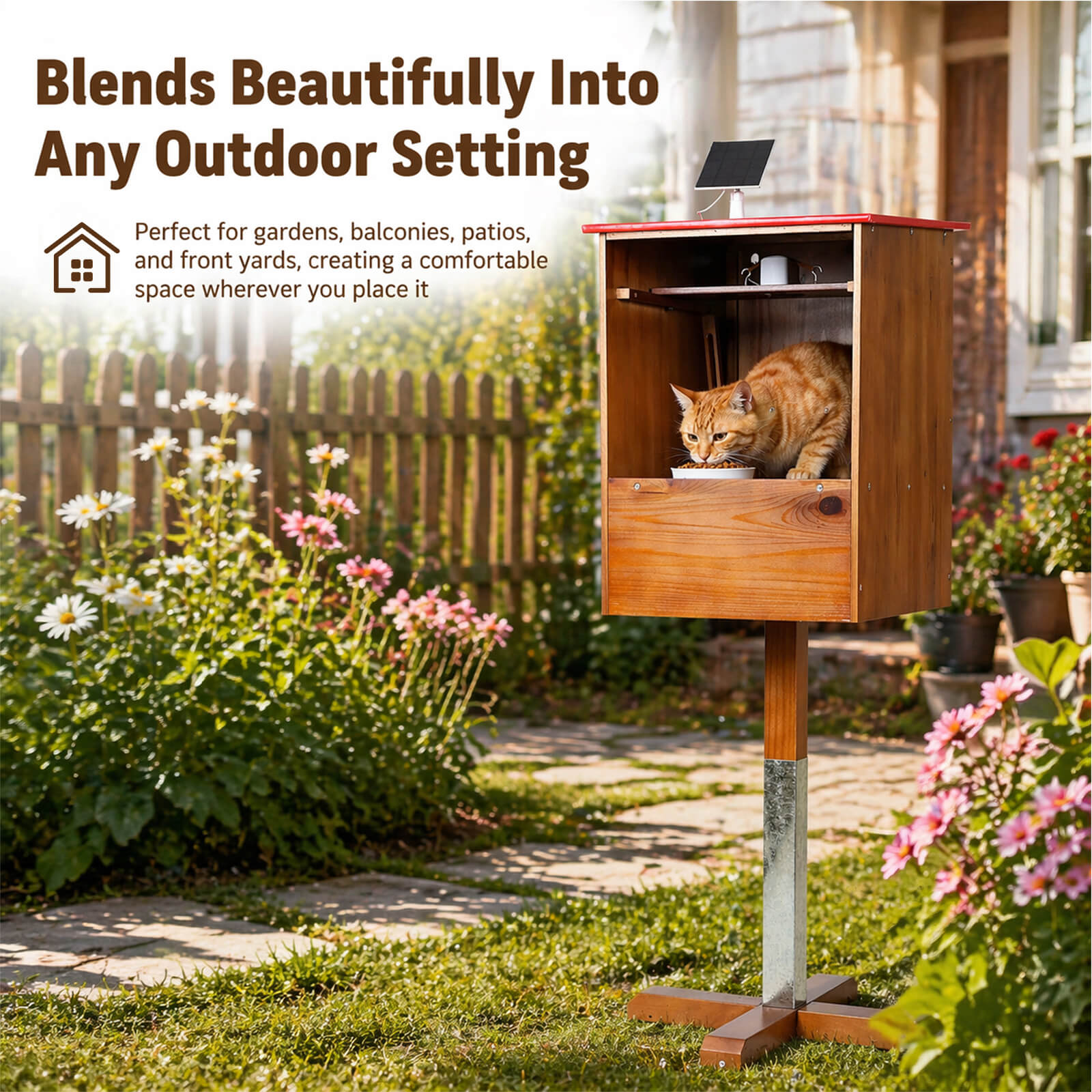 Outdoor cat feeding station in a garden setting