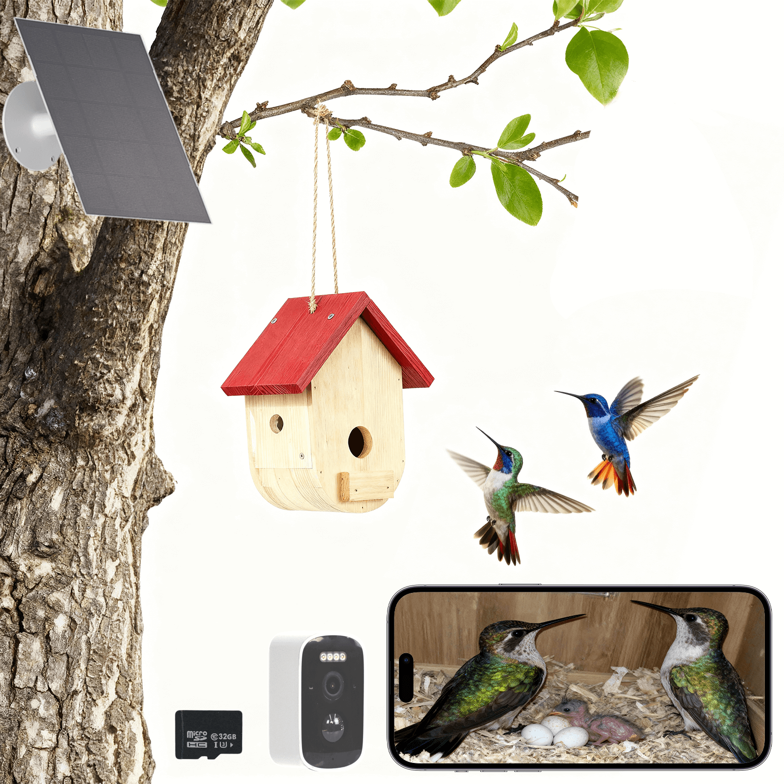 Smart wooden hummingbird house with 1080p camera and solar panel